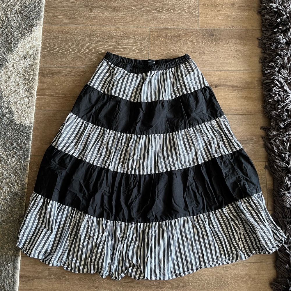 Who What Wear Black and White Striped A-Midi Skirt